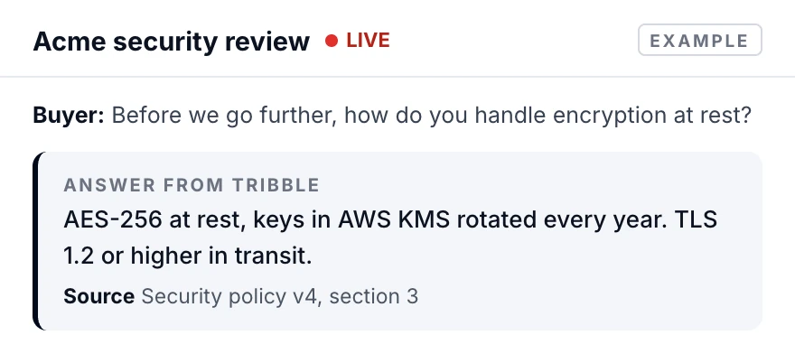 Example live call: the buyer asks about encryption at rest and Tribble shows the same answer with its source